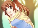  arms_behind_back bad_id bad_pixiv_id brown_eyes brown_hair cape copyright_request kona_panda open_mouth ponytail solo tree 