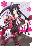  animal_ears bad_id bad_pixiv_id black_hair brown_eyes cat_ear_headphones cat_ears detached_sleeves electric_guitar guitar headphones highres instrument k-on! koi_(koisan) long_hair nakano_azusa plectrum solo striped striped_legwear thighhighs twintails 