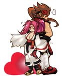  1girl back-to-back baiken blush breasts brown_hair cleavage guilty_gear heart height_difference japanese_clothes kataginu kimono large_breasts momo&amp;a obi one-eyed pink_eyes pink_hair ponytail sandals sash scar scar_across_eye sol_badguy toeless_legwear 