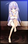  ahoge bare_legs barefoot blue_eyes blush border crossed_arms dress_shirt feet hair_ornament highres lavender_hair leg_hug long_hair looking_at_viewer lyrical_nanoha mahou_shoujo_lyrical_nanoha_strikers minigirl naked_shirt purple_hair reinforce_zwei shichouson shirt sitting solo tsurime x_hair_ornament 