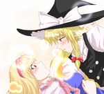  alice_margatroid blonde_hair blush hair_ribbon hairband hat kirisame_marisa kishimasa long_hair multiple_girls red_eyes ribbon touhou witch_hat yellow_eyes yuri 