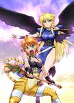  angel_wings animal_ears black_wings blonde_hair breasts breath_of_fire breath_of_fire_ii cat_ears cleavage dress flying gloves green_eyes medium_breasts multiple_girls nina_(breath_of_fire_ii) rinpoo_chuan short_hair side_slit staff tail ueyama_michirou wings 