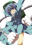  backpack bag blue_eyes blue_hair hair_bobbles hair_ornament hat kawashiro_nitori sakurame solo touhou twintails two_side_up 