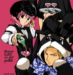  2boys alcohol artist_request blonde_hair bottle bow bowtie drink expressionless formal glass head_out_of_frame helmet juju long_sleeves looking_at_viewer multiple_boys over_zenith pink_hair short_hair standing suit tray vest vitis wine 