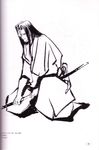  1boy absurdres artbook highres japanese_clothes male_focus mera_jin monochrome official_art purple samurai_spirits scan sketch solo sword tachibana_ukyou weapon 