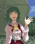  ascot closed_eyes cloud day field flower flower_field green_hair hands kazami_yuuka open_mouth outstretched_hand parasol pinky_out plaid plaid_skirt plaid_vest short_hair skirt skirt_set sky smile solo sun-3 touhou tree umbrella vest waving 