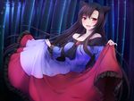  animal_ears bamboo bamboo_forest bare_shoulders blush breasts brooch brown_hair curtsey dress forest imaizumi_kagerou jewelry large_breasts long_hair long_sleeves nature nnyara open_mouth red_eyes smile solo touhou very_long_hair wolf_ears 
