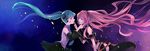  aqua_eyes aqua_hair belt blue_eyes detached_sleeves floating_hair hatsune_miku headset highres leaning_forward long_hair megurine_luka multiple_girls nail_polish nanjou_(sumeragimishiro) necktie pink_hair skirt twintails very_long_hair vocaloid 