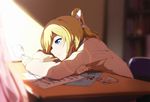  ayase_eli blonde_hair blue_eyes chair desk hair_ribbon long_sleeves love_live! love_live!_school_idol_project ogipote ponytail ribbon sheet_music sitting smile solo 