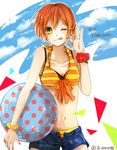  ;q armband bad_id bad_pixiv_id ball beachball bikini blush character_name day denim denim_shorts flower highres hoshizora_rin love_live! love_live!_school_idol_project nail_polish one_eye_closed open_clothes open_shorts orange_hair roma_(coro_anphispaena) short_hair shorts sky smile solo striped striped_bikini swimsuit tongue tongue_out twitter_username unbuttoned wrist_flower 