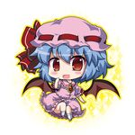  bat_wings blue_hair blush bow brooch chibi dress fang hat hat_bow jewelry looking_at_viewer mob_cap noai_nioshi open_mouth pink_dress puffy_short_sleeves puffy_sleeves red_eyes remilia_scarlet short_sleeves smile solo sparkle touhou wings 