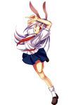  animal_ears arm_behind_head arms_up bobby_socks bunny_ears dress_shirt finger_gun full_body leg_up long_hair looking_at_viewer necktie open_mouth pointing puffy_short_sleeves puffy_sleeves purple_hair red_eyes red_neckwear reisen_udongein_inaba sayama_yoshiki shirt shoes short_sleeves simple_background skirt socks solo touhou white_background white_legwear white_shirt 
