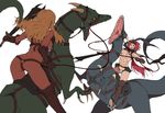  2girls armor armorkini ass bikini_armor blonde_hair boots dragon fighting from_behind gloves horns monster multiple_girls muscle muscles red_hair riding saddle sword thigh_boots thighhighs weapon yanagida_fumita 