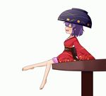  animated animated_gif barefoot bowl bowl_hat closed_eyes collarbone feet floral_print full_body happy hat japanese_clothes kimono legs long_sleeves md5_mismatch mono_(mono60) open_mouth purple_hair sash simple_background sitting sitting_on_object smile solo sukuna_shinmyoumaru table toes touhou ugoira_conversion white_background wide_sleeves 