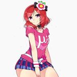  blush bow casual chan_co flower hair_ornament hairband happy_maker! image_sample looking_at_viewer love_live! love_live!_school_idol_project nishikino_maki purple_eyes red_hair short_hair skirt smile solo twitter_sample 