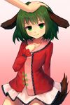  animal_ears dog_ears dog_tail frilled_sleeves frills gradient gradient_background green_eyes green_hair hand_on_another's_head highres kasodani_kyouko long_sleeves looking_at_viewer out_of_frame petting pink_background red_shirt shirt shone skirt smile solo_focus tail touhou white_skirt 