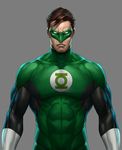  1boy bodysuit brown_hair dc_comics domino_mask emblem gloves green_lantern green_lantern_(series) grey_background hal_jordan justice_league male male_focus mask solo white_gloves 