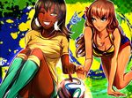  2girls blue_eyes brazuca breasts brown_eyes brown_hair cherry_in_the_sun cleavage colombia cote_d'ivoire dark_skin large_breasts long_hair multiple_girls one_eye_closed original smile world_cup 