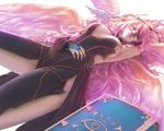  angel_wings archangel_metatron_(p&amp;d) armpits banajune blue_eyes book breasts large_breasts long_hair looking_at_viewer lying pink_hair puzzle_&amp;_dragons quill revision solo wings 