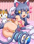  1girl animal_ears ass bed_sheet bikini bikini_top blue_eyes blue_hair bottomless breasts cat_ears cat_tail cosplay elbow_gloves erect_nipples glameow glameow_(cosplay) gloves hair_ornament heart hikari_(pokemon) looking_at_viewer lying meowth meowth_(cosplay) multicolored_background on_side open_mouth pachirisu paw_gloves paw_pose pink_bikini pink_ribbon piplup pokemoa pokemon polka_dot polka_dot_background pussy ribbon smile solo striped striped_background swimsuit tail thighhighs thighs uncensored vertical_stripes 