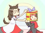  animal_ears bespectacled bow brooch brown_hair cape chibi directional_arrow dress glasses hair_bow imaizumi_kagerou jewelry long_hair long_sleeves magic_trick multiple_girls open_mouth ponzholic red_hair sekibanki short_hair skirt smile tail touhou turning_head wolf_ears wolf_tail 