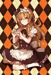  apron argyle argyle_background blonde_hair blush bow braid hair_bow headdress heart heart_hands highres kirisame_marisa shuzi side_braid sitting solo touhou waist_apron wariza yellow_eyes 