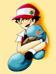  black_hair cap eyes_closed fingerless_gloves gloves hug pokemon pokemon_(game) red_(pokemon) squirtle 