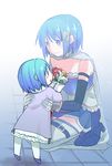  armband blue_eyes blue_hair bouquet cape child dress dual_persona fading flower gloves hair_ornament hairclip kneeling magical_girl mahou_shoujo_madoka_magica mahou_shoujo_madoka_magica_movie miki_sayaka momoko_(palemon) multiple_girls open_mouth short_hair thighhighs time_paradox transparent younger zettai_ryouiki 