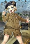  aircraft airplane bang-you beret bernard_montgomery blonde_hair blue_eyes blue_sky bridge british buttons c-47 clenched_hand cloud colored_eyelashes crying crying_with_eyes_open genderswap genderswap_(mtf) hat highres jacket long_sleeves mc_axis military military_hat military_jacket military_uniform necktie non-web_source open_mouth original outdoors outstretched_arm parachute pocket puffy_pants puffy_shorts real_life short_hair shorts sky smoke solo tears text_focus translation_request uniform world_war_ii 