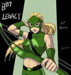  1girl 2013 arrow artemis_crock blonde_hair bow_(weapon) brown_eyes character_name dark_skin dc_comics female midriff ponytail riyan solo weapon young_justice:_invasion 