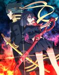  1girl back-to-back black_hair dutch_angle green_hair itou_(mogura) kill_la_kill lens_flare matoi_ryuuko sanageyama_uzu scissor_blade senketsu shinai short_hair skirt sword weapon 