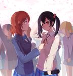  bad_id bad_pixiv_id black_hair blazer blush bow brown_hair crowd diploma graduation hair_ribbon highres huanxiang_heitu jacket love_live! love_live!_school_idol_project multiple_girls nishikino_maki open_mouth otonokizaka_school_uniform petals ponytail red_eyes ribbon school_uniform shirt skirt smile tube twintails yazawa_nico 