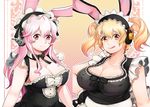  alternate_costume animal_ears bare_shoulders blonde_hair breasts bunny_ears cleavage enmaided headphones huge_breasts large_breasts long_hair looking_at_viewer maid multiple_girls nitroplus pink_eyes pink_hair plump red_eyes sananru short_hair smile super_pochaco super_sonico tongue tongue_out twintails 