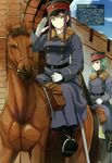  animal aqua_hair arch bag belt black_footwear blue_eyes blue_sky boots brick_wall bridle buttons cloud coat day genderswap genderswap_(mtf) gloves green_eyes hat highres holding horse horseback_riding kodama_gentarou long_hair long_sleeves looking_at_viewer looking_away mc_axis military military_hat military_uniform multiple_girls non-web_source ooyama_iwao original outdoors prime purple_hair real_life riding saddle short_hair sky smile text_focus translation_request uniform white_gloves 