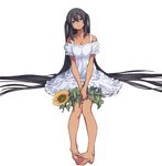  :o aqua_eyes bare_legs barefoot black_hair blue_eyes breasts captain_earth cleavage dark_skin dress feet feet_together flower full_body hair_between_eyes hands_together highres long_hair medium_breasts minato_fumi mutou_hana official_art simple_background sitting solo sunflower two_side_up v_arms very_long_hair white_background 
