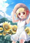  alternate_costume arms_up blonde_hair blue_sky cloud day dress fang field flower flower_field hair_ribbon hand_on_headwear hat highres looking_at_viewer mountain open_mouth red_eyes ribbon rumia sky sleeveless sleeveless_dress smile solo soramuko straw_hat sunflower touhou white_dress 