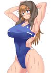  blue_eyes breasts brown_hair charlotte_e_yeager competition_swimsuit highleg highleg_swimsuit highres komusou_(jinrikisha) large_breasts long_hair one-piece_swimsuit solo strike_witches swimsuit towel wet world_witches_series 