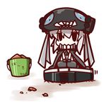  black_eyes bucket chibi highres jitome kantai_collection nuu_(nu-nyu) riding roomba shinkaisei-kan short_hair silver_hair simple_background sitting solo translated white_background wo-class_aircraft_carrier 