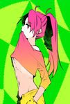  bow green_background hair_bow hands_in_pockets long_hair mahou_shoujo_madoka_magica midriff momoko_(palemon) mouth_hold navel ponytail profile red_eyes red_hair sakura_kyouko solo 