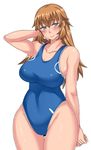 1girl animal_ears blue_eyes blue_swimsuit breasts brown_hair charlotte_e_yeager female huge_breasts long_hair maru_(maruttona) one-piece_swimsuit simple_background solo standing strike_witches swimsuit thigh_gap white_background wide_hips 