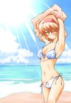 alice_margatroid armpits arms_up bad_id bad_pixiv_id beach bikini blonde_hair blue_sky blush breasts cleavage closed_eyes cloud day floral_print hairband highres light_rays medium_breasts navel non_(z-art) o-ring o-ring_top outdoors shiny shiny_skin short_hair side-tie_bikini sky smile solo sunbeam sunlight swimsuit touhou wrist_cuffs 