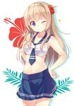 ;) bangs bare_arms bare_shoulders bikini blonde_hair blue_neckwear blue_sailor_collar blue_skirt breasts collarbone cowboy_shot crop_top eyebrows_visible_through_hair flower hair_flower hair_ornament hairband hand_on_hip hand_on_own_chest hibiscus hyuuga_azuri long_hair looking_at_viewer midriff navel necktie one_eye_closed original purple_eyes sailor_bikini sailor_collar shiny shiny_skin skirt small_breasts smile solo star stomach swimsuit 