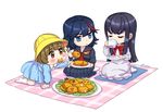  black_hair blue_eyes bow briska brown_eyes brown_hair child chopsticks croquette cup dress drinking eating food hat kill_la_kill kindergarten_uniform kiryuuin_satsuki mankanshoku_mako matoi_ryuuko multiple_girls nigiribashi puffy_cheeks sailor_dress school_hat senketsu teacup younger 