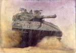  afghanistan cannon desert helmet highres merkava military military_vehicle realistic sand soldier tank vehicle 