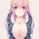  bad_id bad_pixiv_id breasts cleavage collarbone headphones jewelry large_breasts long_hair looking_at_viewer mogi_(green_tea_planet) necklace nitroplus no_bra open_clothes open_mouth parted_lips pink_eyes pink_hair pom_pom_(clothes) simple_background solo super_sonico 