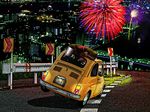  bridge car castle_of_cagliostro city fiat fiat_500 fireworks highres lupin_iii motor_vehicle photoshop road silhouette vehicle 