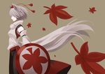  animal_ears autumn_leaves bare_shoulders breasts closed_eyes detached_sleeves grey_background hat inubashiri_momiji leaf light_smile medium_breasts pom_pom_(clothes) rapuka shield short_hair silver_hair solo tail tokin_hat touhou wolf_ears wolf_tail 