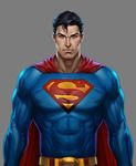  1boy alien belt black_hair blue_eyes cape clark_kent dc_comics grey_background justice_league kal-el kryptonian male male_focus muscle red_cape s_shield solo superman superman_(series) 