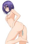  1girl anal anal_beads anal_insertion anal_object_insertion anus ass blush breasts feet from_behind highres looking_back navel nipples nude object_insertion purple_eyes purple_hair pussy sairenji_haruna short_hair small_breasts solo standing_on_one_leg to_love-ru uncensored 