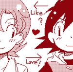  1girl aliasing couple frontier_brain lila_(pokemon) lowres pokemon pokemon_(anime) satoshi_(pokemon) simple_background white_background 